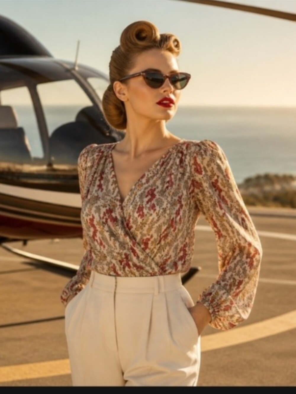 Umgee Cream Blouse with Red Floral Print